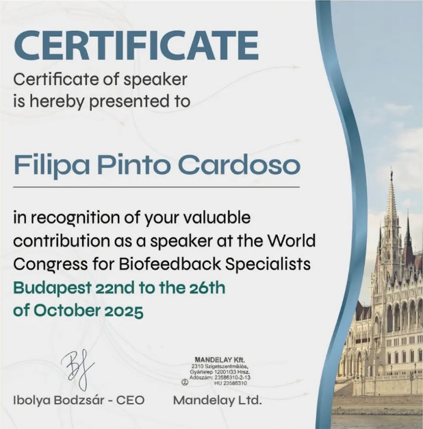 Certificado de reconhecimento como oradora em congresso internacional de biofeedback